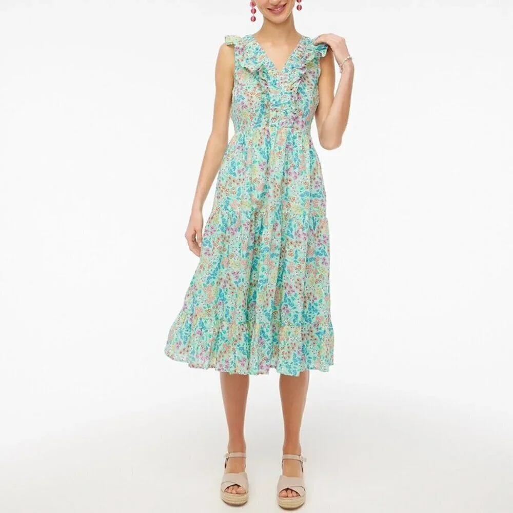 💕J. CREW💕 Printed V-Neck Smocked Midi Dress ~ Fresh Spearmint Floral Print 8